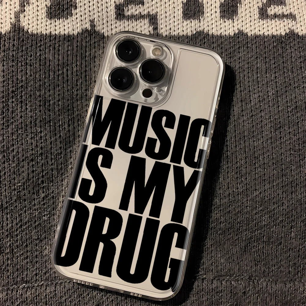 Clear transparent shockproof drug phone case with bold black music is my drug text on back for iphone triple-camera