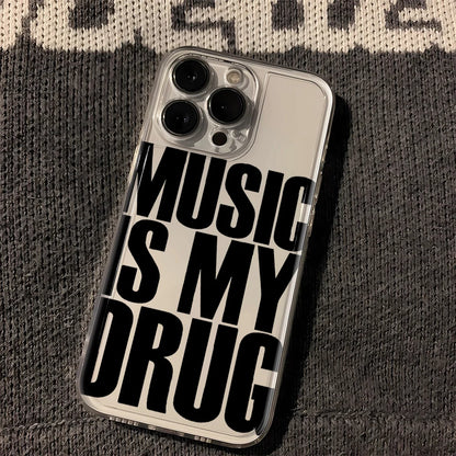 Clear transparent shockproof drug phone case with bold black music is my drug text on back for iphone triple-camera