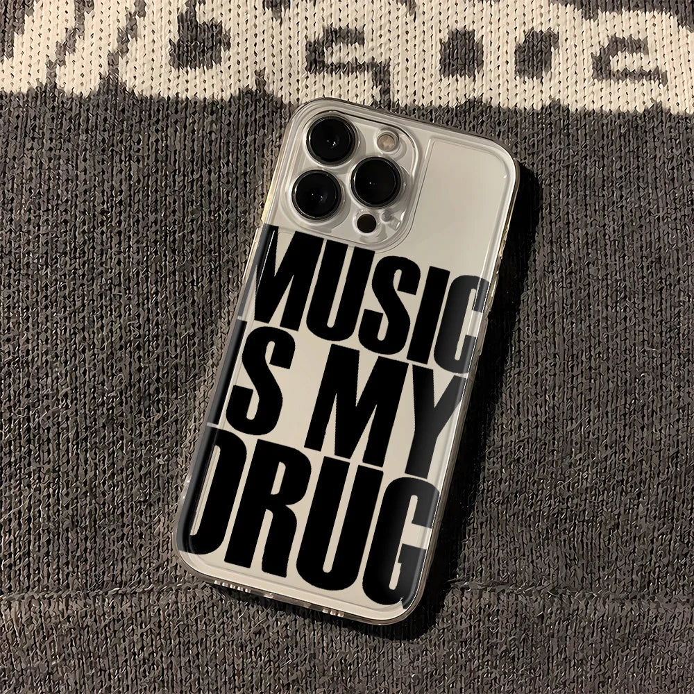 Clear transparent shockproof phone case with bold black music is my drug text on white back for iphone 13 pro max