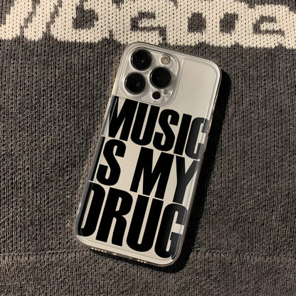Clear transparent shockproof phone case with bold black music is my drug text on white back for iphone 13 pro max