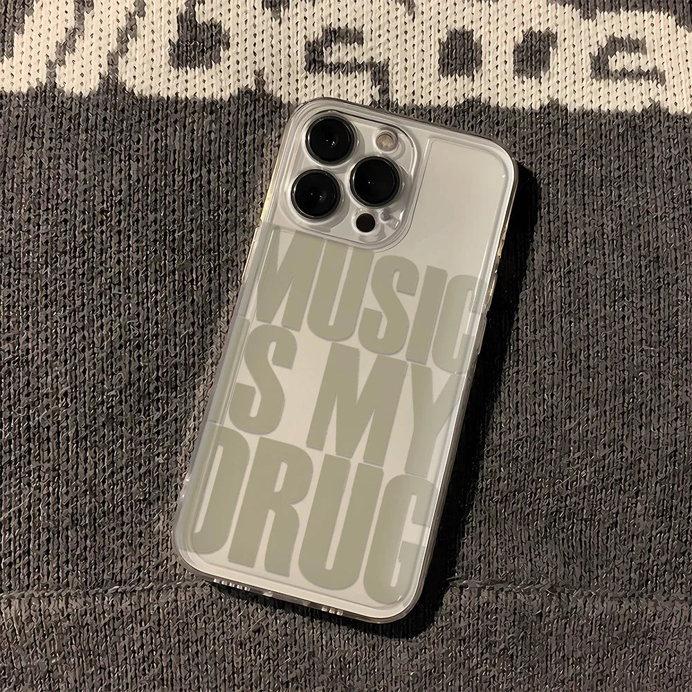 Clear transparent shockproof phone case showing back with bold gray music is my drug text for iphone model cover