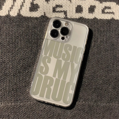 Clear transparent shockproof phone case showing back with bold gray music is my drug text for iphone model cover
