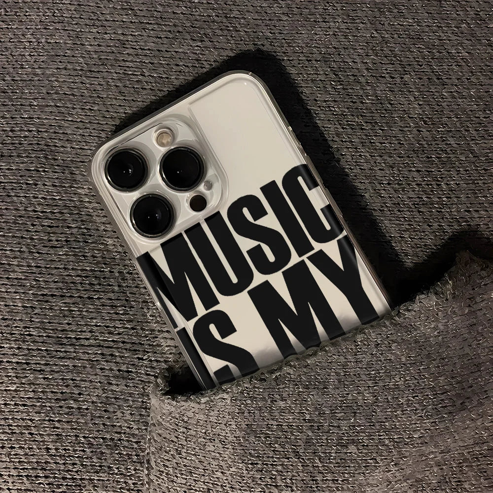 Back side of white drug phone case with bold black music is my text and transparent shockproof edges for iphone models