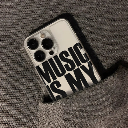 Back side of white drug phone case with bold black music is my text and transparent shockproof edges for iphone models