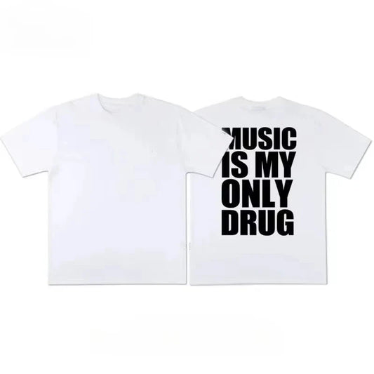 White cotton oversized t-shirt with bold black music is my only drug text on the back for men and women streetwear