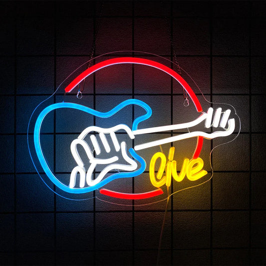 A vibrant neon sign shaped like a guitar with blue red and yellow lights and live script for type beat music decor