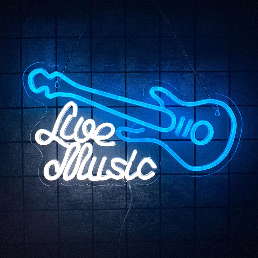 Music led neon sign glowing blue guitar shape with live music script ideal for room decor and type beat music studios