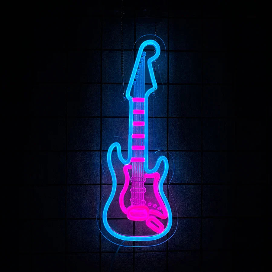 Music led neon sign featuring a glowing blue and pink guitar design ideal for room decor and type beat music studios