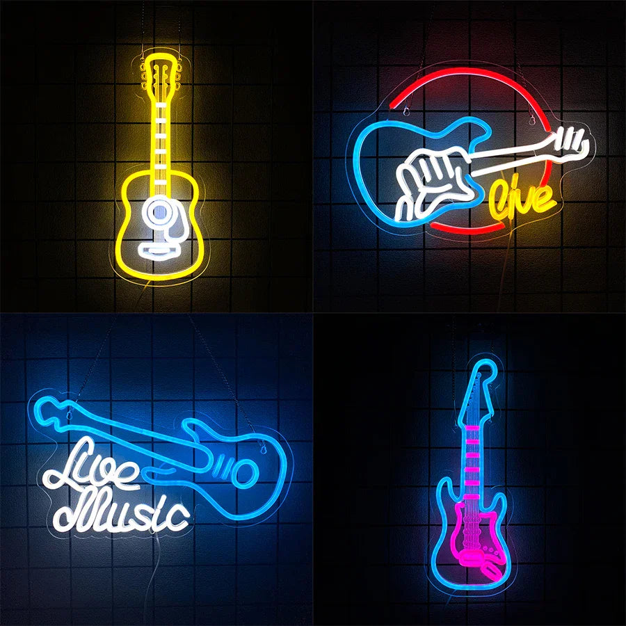 Music LED neon sign with yellow blue and pink glowing guitar outlines for room decor and type beat music studios