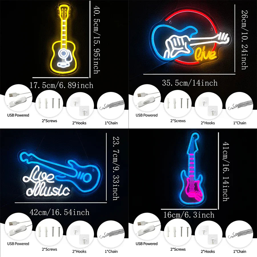 Music led neon sign in yellow blue and pink usb-powered guitar shaped design for room and studio decor type beat music