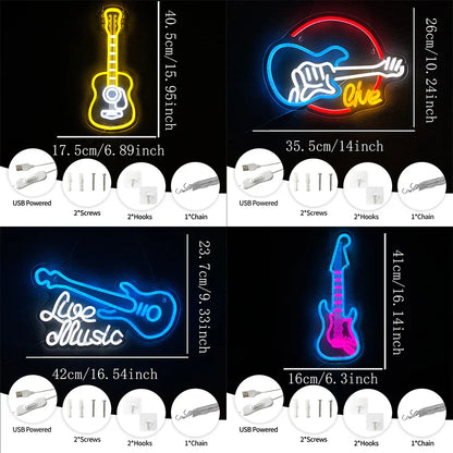 Music led neon sign in yellow blue and pink usb powered guitar shape for room decor recording studios and type beat music