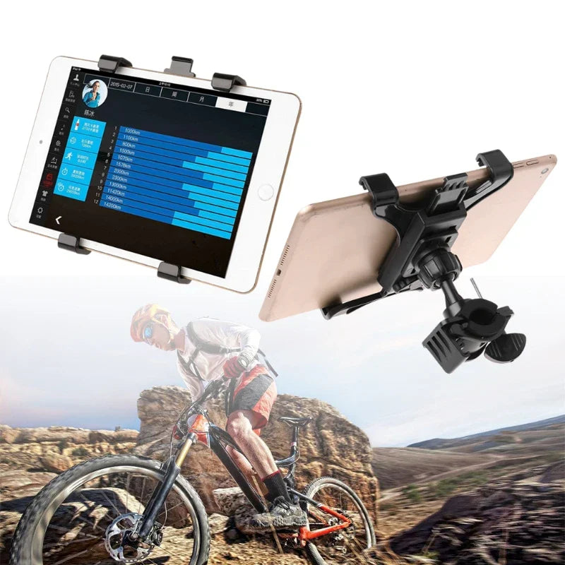 Black adjustable music microphone stand holder mount securely holding an 11inch tablet pad for convenient use