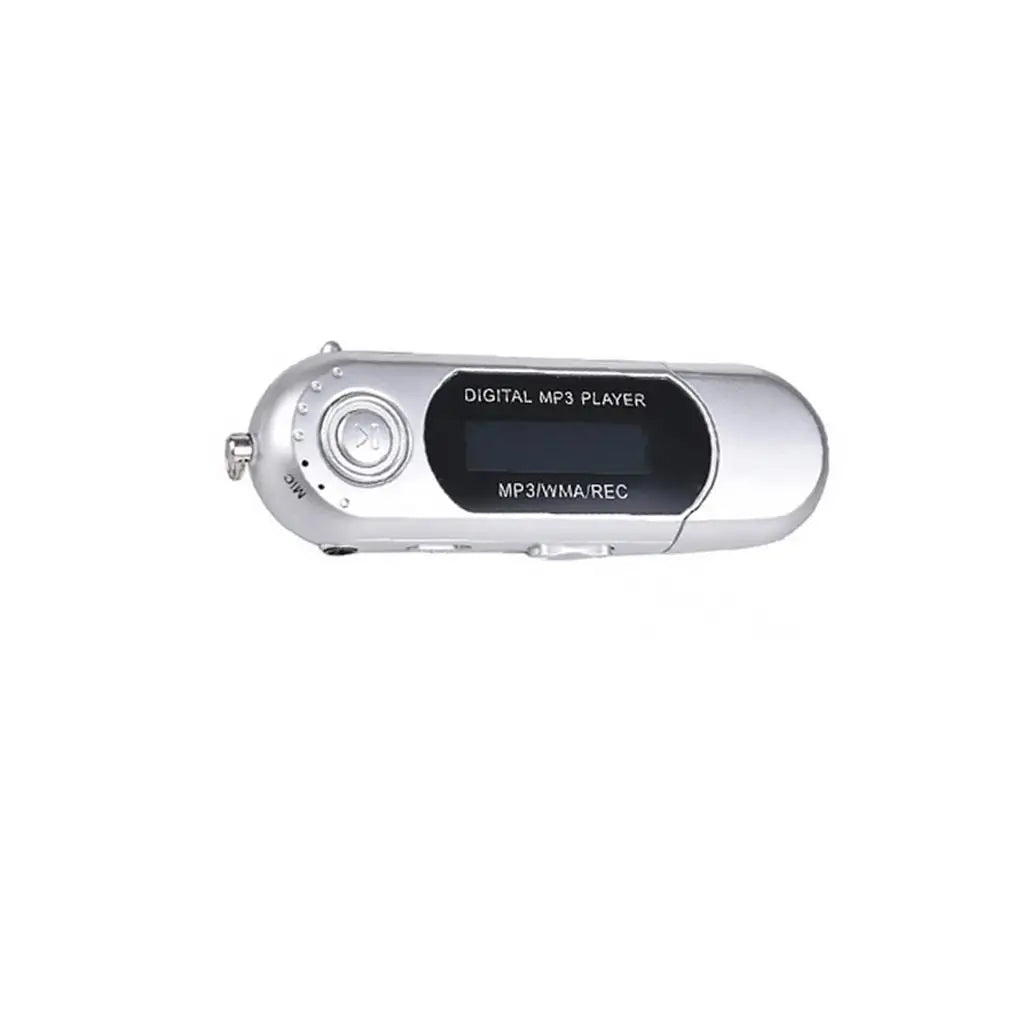 Silver music mp3 player with sleek rounded design and black display panel features radio long endurance and smooth u disk support
