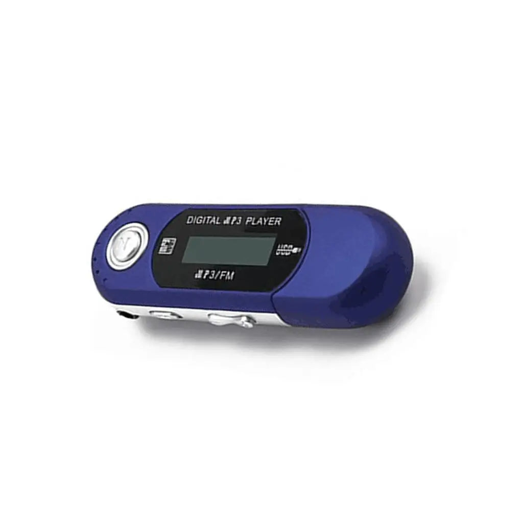 Blue plastic music mp3 player with silver buttons and small screen features radio long endurance and smooth u disk support