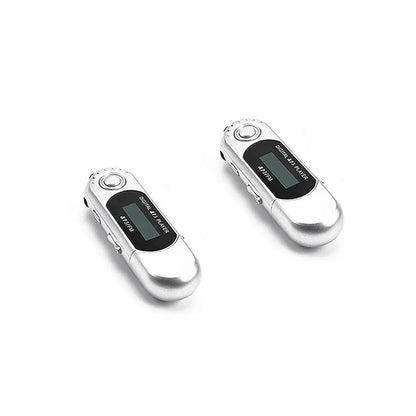 Silver digital music mp3 player with black screen and circular control buttons featuring radio long endurance and smooth u disk