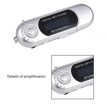 Silver music mp3 player with sleek rounded design, black display, radio long endurance, and smooth u disk support