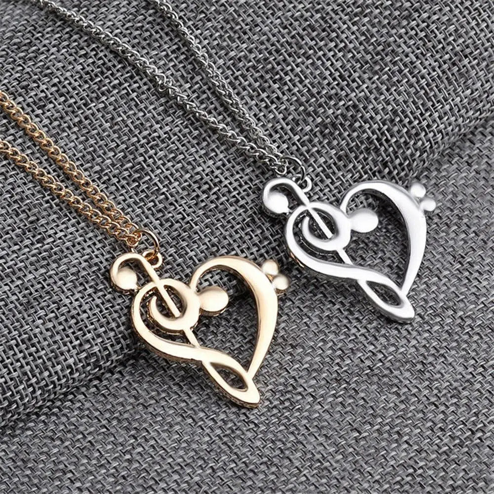 Gold and silver music note heart necklaces with bass clef women infinity love charm pendant in stainless steel