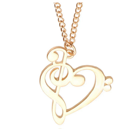 Gold-toned stainless steel music note heart necklace with treble and bass clef women infinity love charm pendant