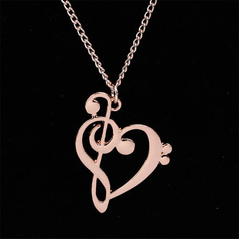 Rose gold music note heart necklace with delicate treble and bass clef pendant and infinity love charm in stainless steel