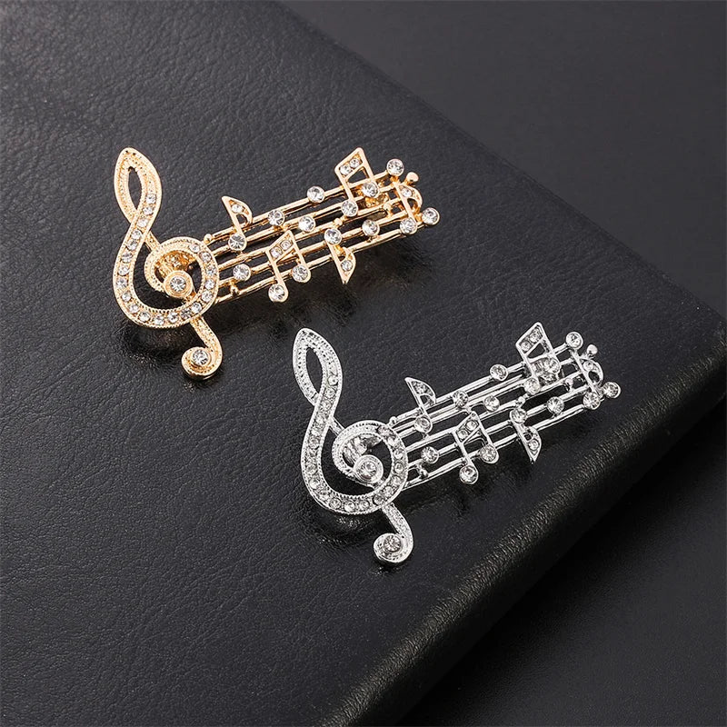 Gold and silver music note large brooches with sparkling austrian crystal for scarf jewelry party dress decoration