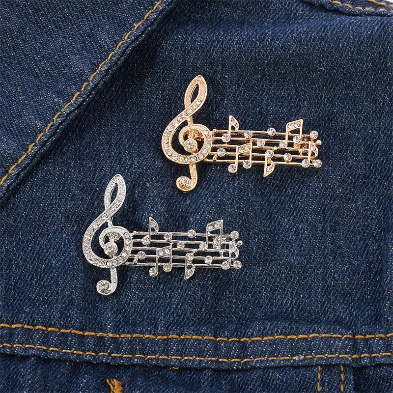 Two sparkling music note large brooches in gold and silver tone with austrian crystal scarf pins for jewelry party dress