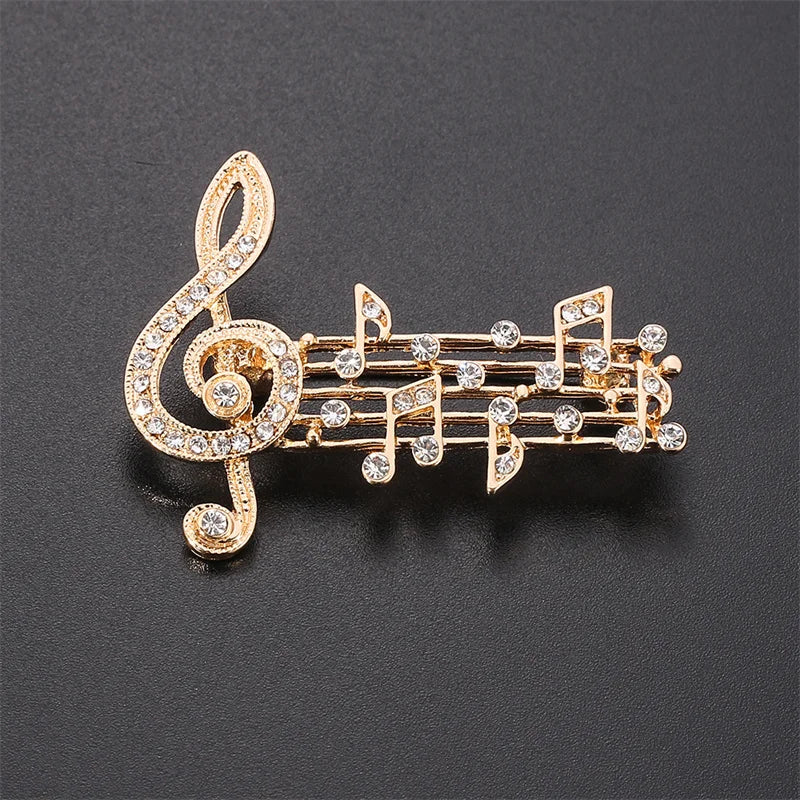 Gold-colored music note large brooch adorned with clear austrian crystal for scarf jewelry party dress decoration