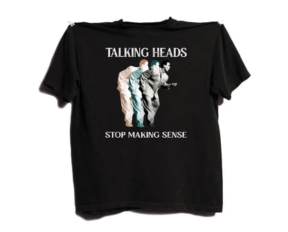 Black cotton music pattern t-shirt featuring talking heads graphic and stop making sense text for nonsense rapper band fans