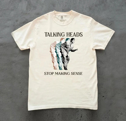 Cream-colored cotton music pattern t-shirt featuring talking heads graphic with stop talking nonsense text for rapper band fans