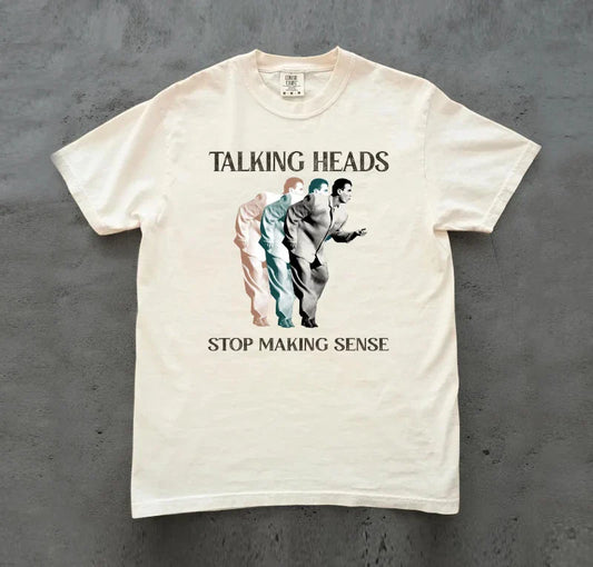 Cream-colored cotton music pattern t-shirt featuring talking heads graphic with stop talking nonsense text for rapper band fans