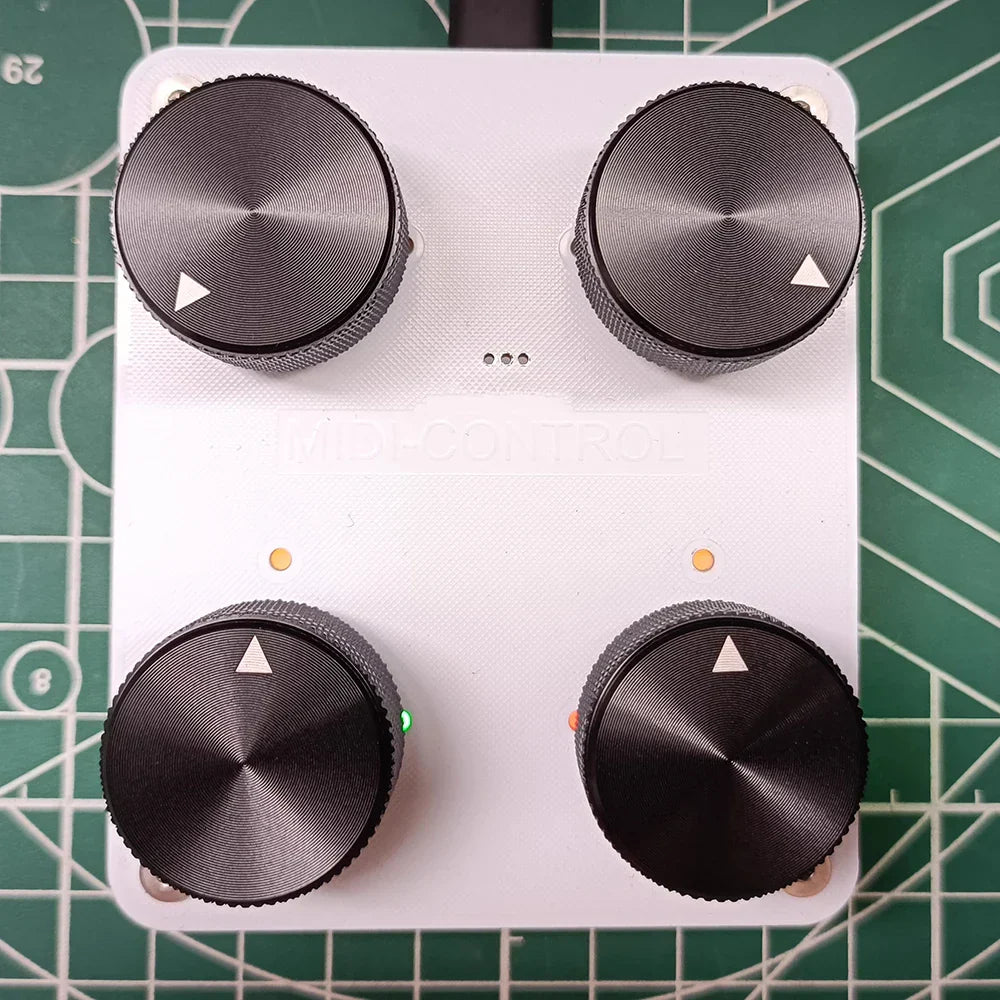 White rectangular 4-knob midi controller with black textured knobs featuring customizable cc mapping and usb-c interface