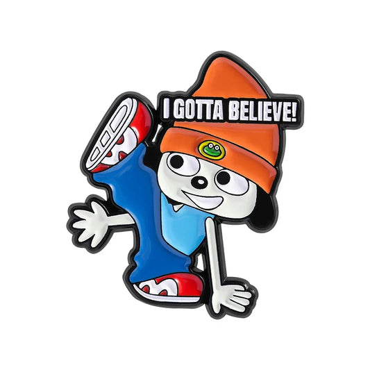 Orange-hatted cartoon character enamel pin with blue outfit and red sneakers featuring i gotta believe text lapel badge funny berri game role