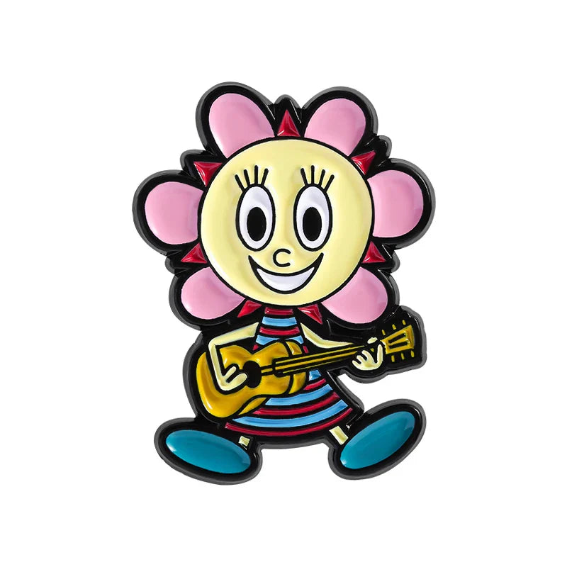 A cheerful yellow flower-shaped enamel pin with pink petals holding a golden guitar lapel badge funny jewelry