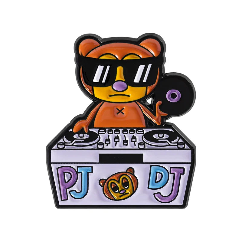 Orange cartoon bear pj berri game role enamel lapel badge funny holding vinyl record behind dj mixer accessory