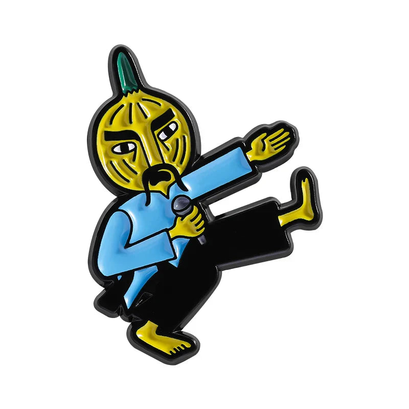 Yellow and blue enamel pin featuring berri game role character with green hair holding microphone lapel badge funny jewelry