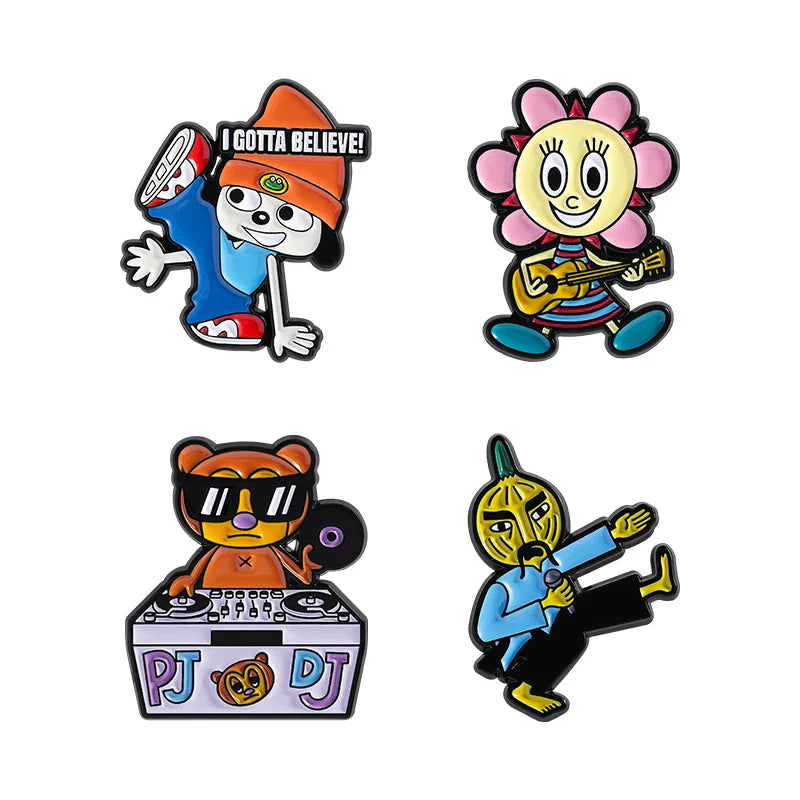 Set of four colorful enamel pins featuring cartoon characters from berri game role as lapel badge funny jewelry accessories