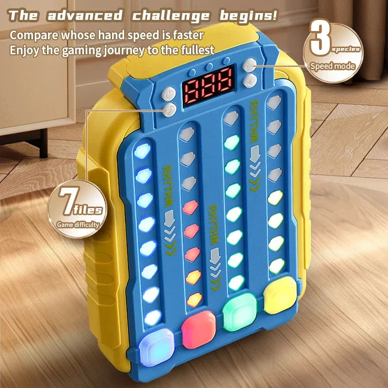 Bright blue and yellow handheld music rhythm press puzzle toy with digital display and multicolor led lights for boys girls birthday decompression concentration training
