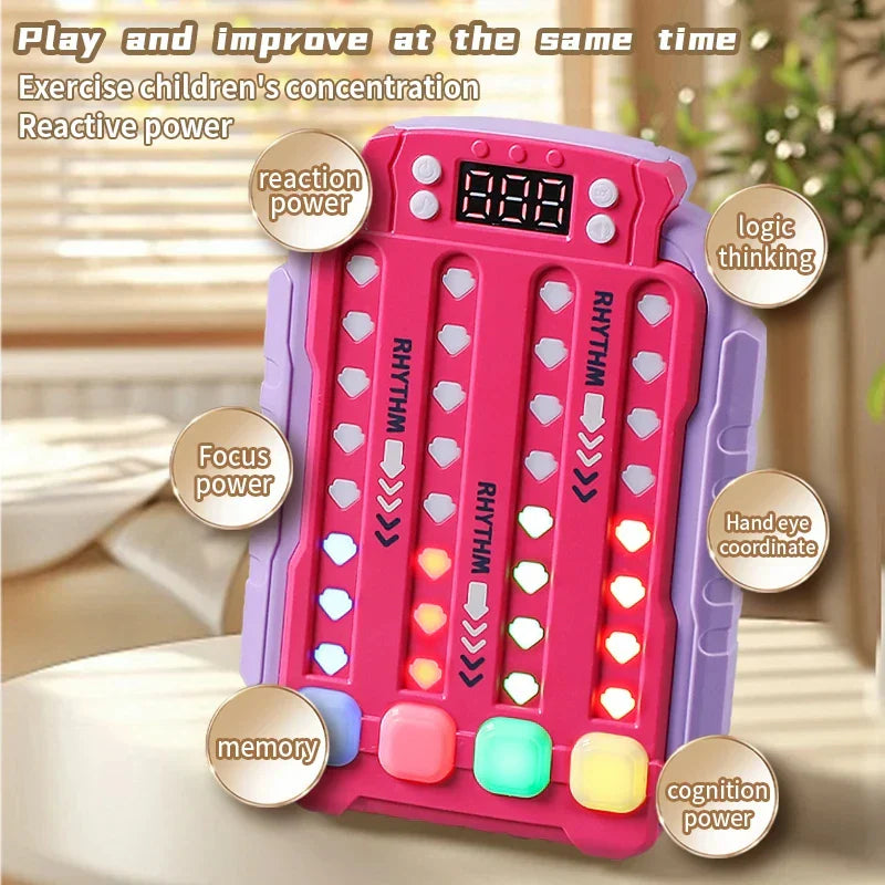 Pink and purple plastic music rhythm press puzzle toy with digital display heart buttons and colorful lights for boys girls birthday