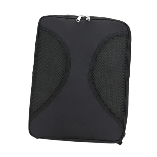 Black mesh and fabric heavy duty high capacity music stand bag with silver zipper pull for music stand storage