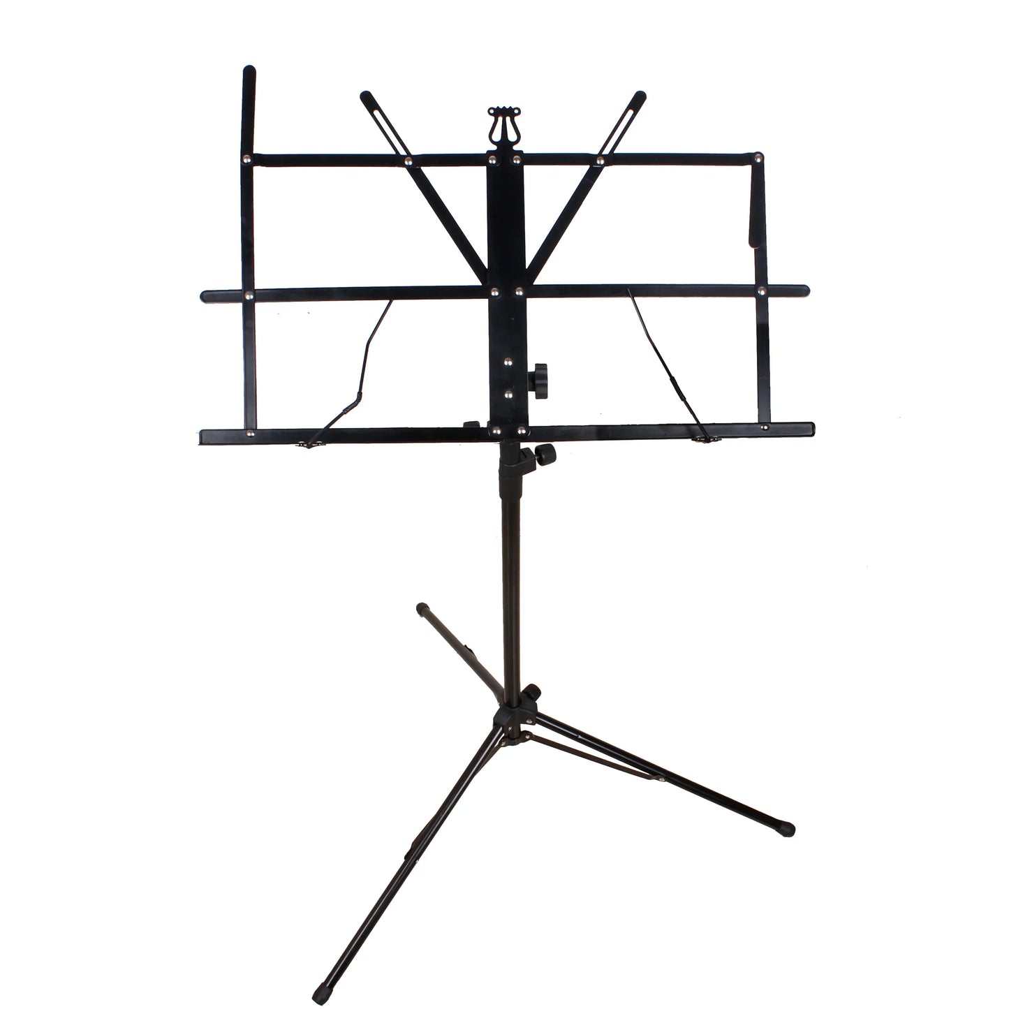 Black foldable stainless steel music sheet stand with adjustable height and tripod base for musical instruments