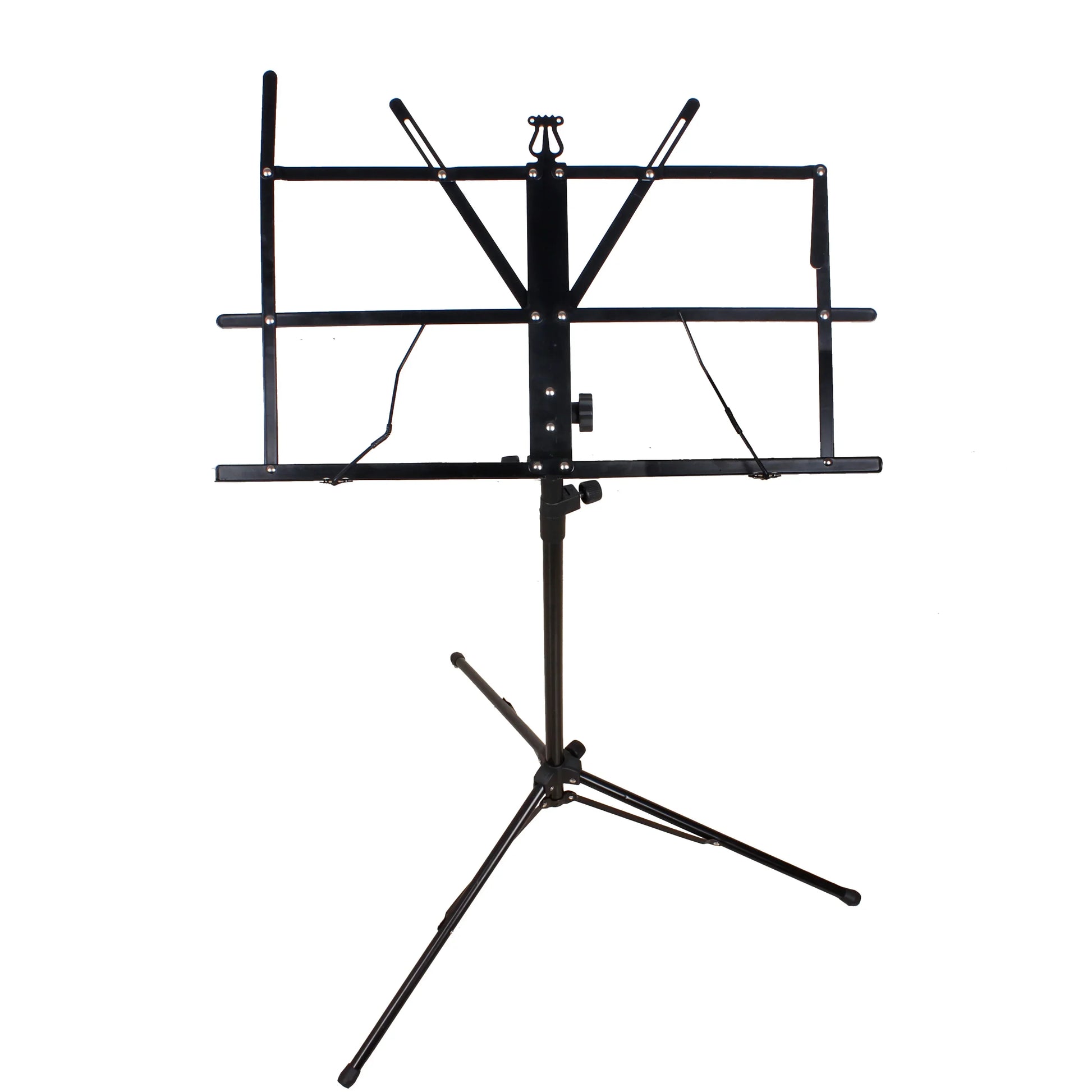 Black foldable stainless steel music sheet stand with adjustable height and tripod base for musical instruments