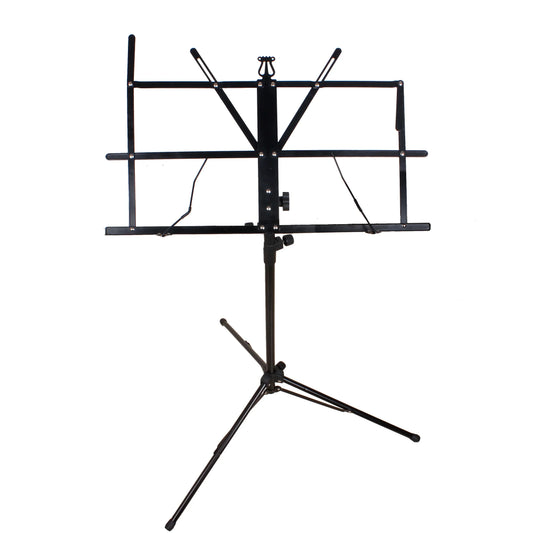 Black metal music sheet stand with adjustable height stainless steel tripod stand holder and foldable design with bag