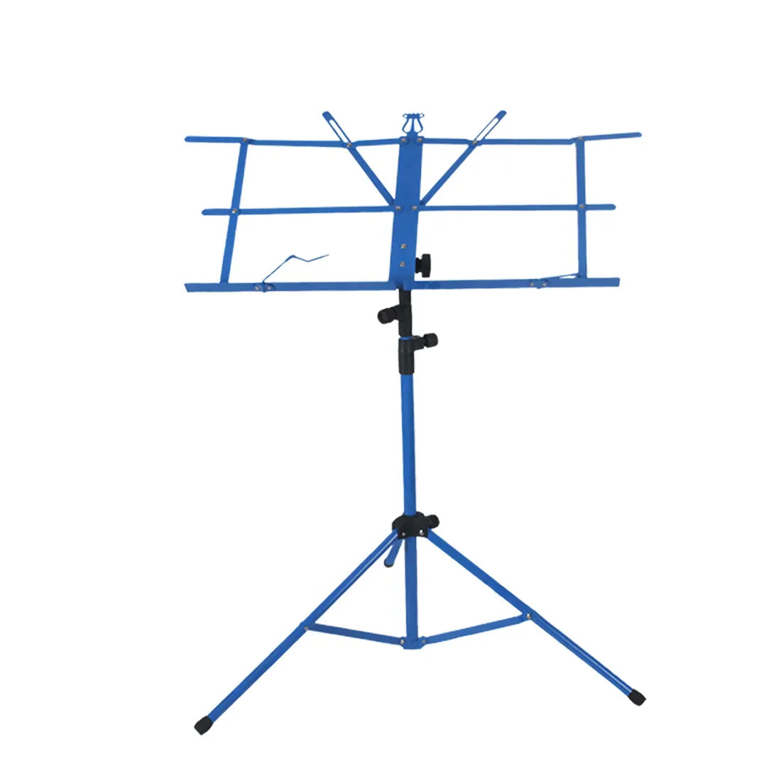 Blue foldable stainless steel music sheet stand with adjustable height and tripod base for musical instrument accessories