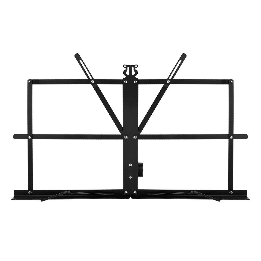 Black metal music sheet stand with adjustable arms and central clamp foldable bag height adjustable tripod stand holder