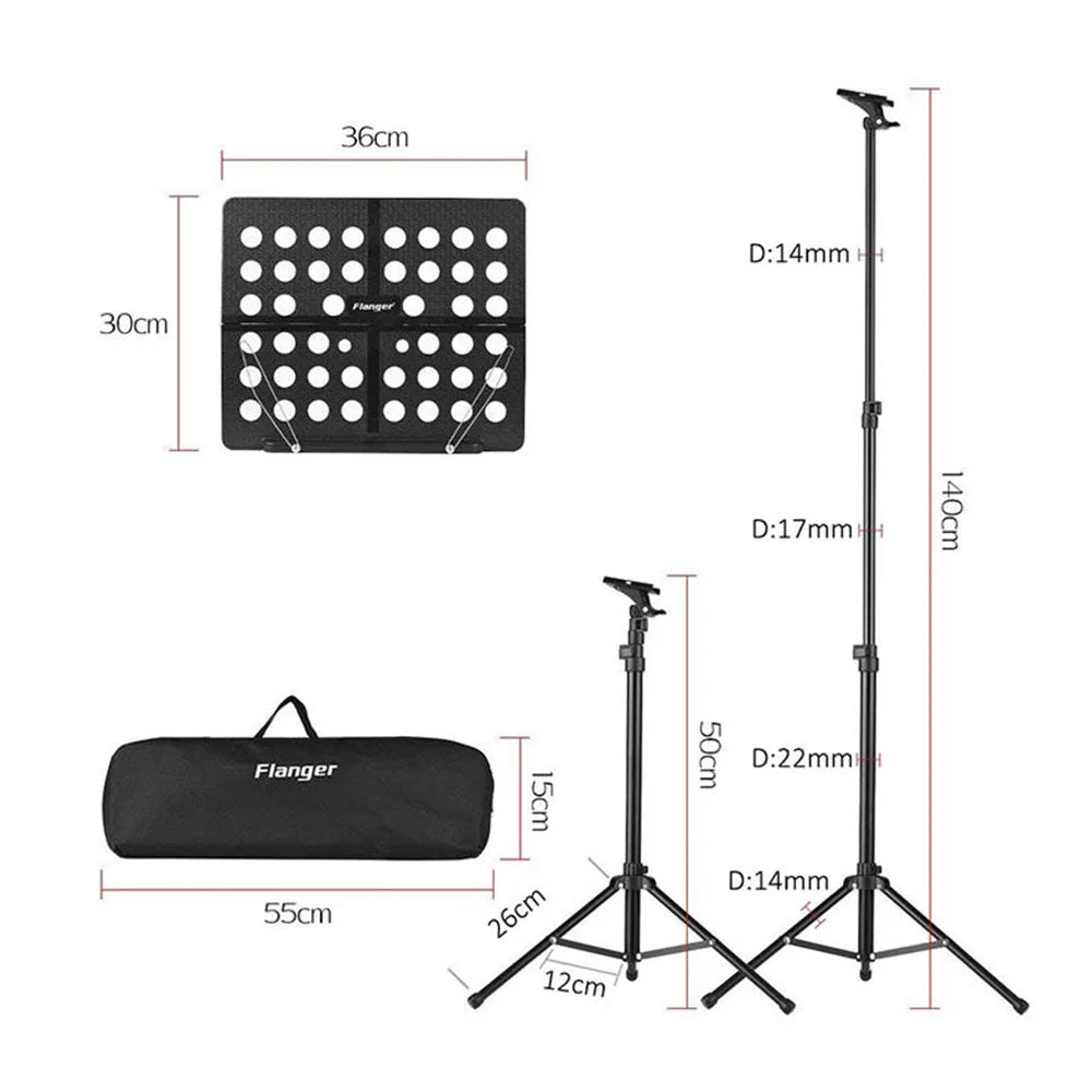 Black flanger foldable stainless steel music sheet stand with adjustable height tripod base and perforated sheet holder