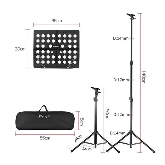 Black flanger foldable stainless steel music sheet stand with adjustable height tripod base and perforated sheet holder