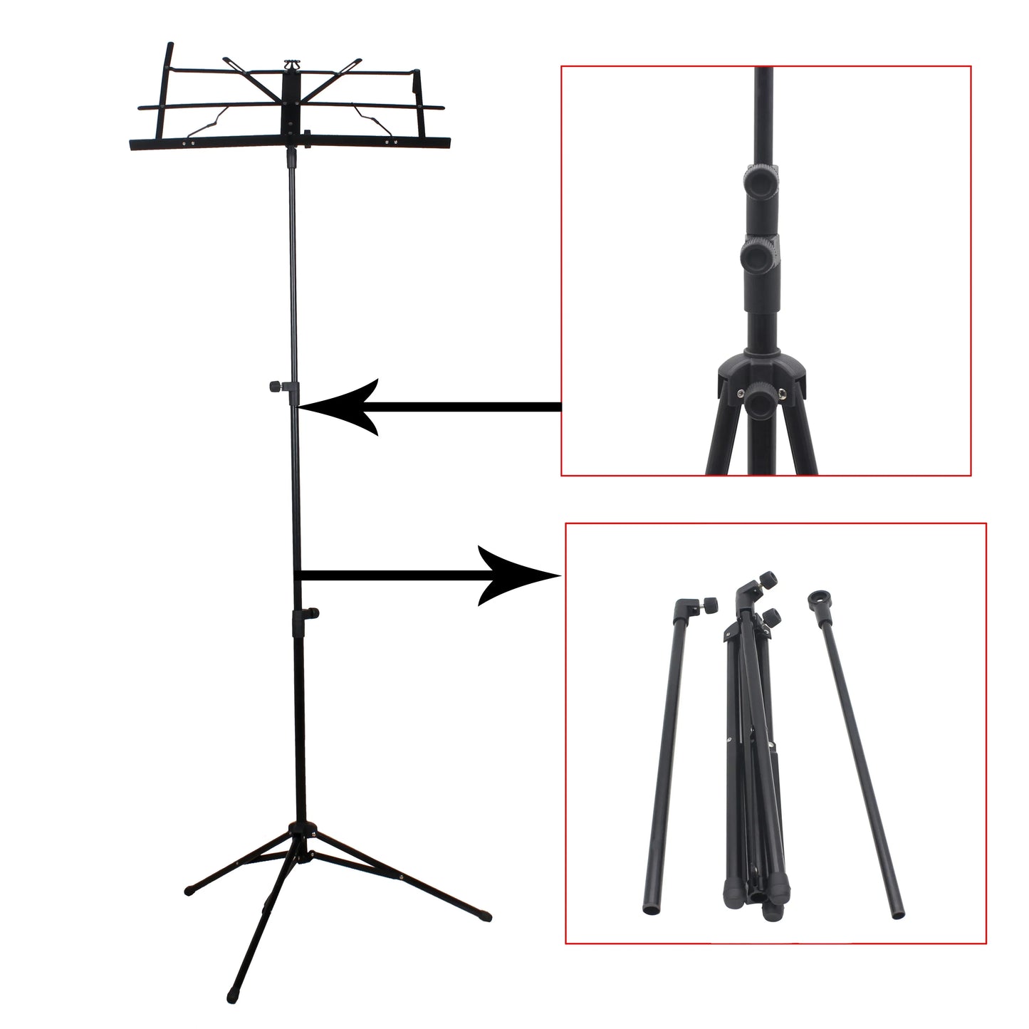 Black metal music sheet stand with foldable stainless steel tripod base and adjustable height for musical instruments