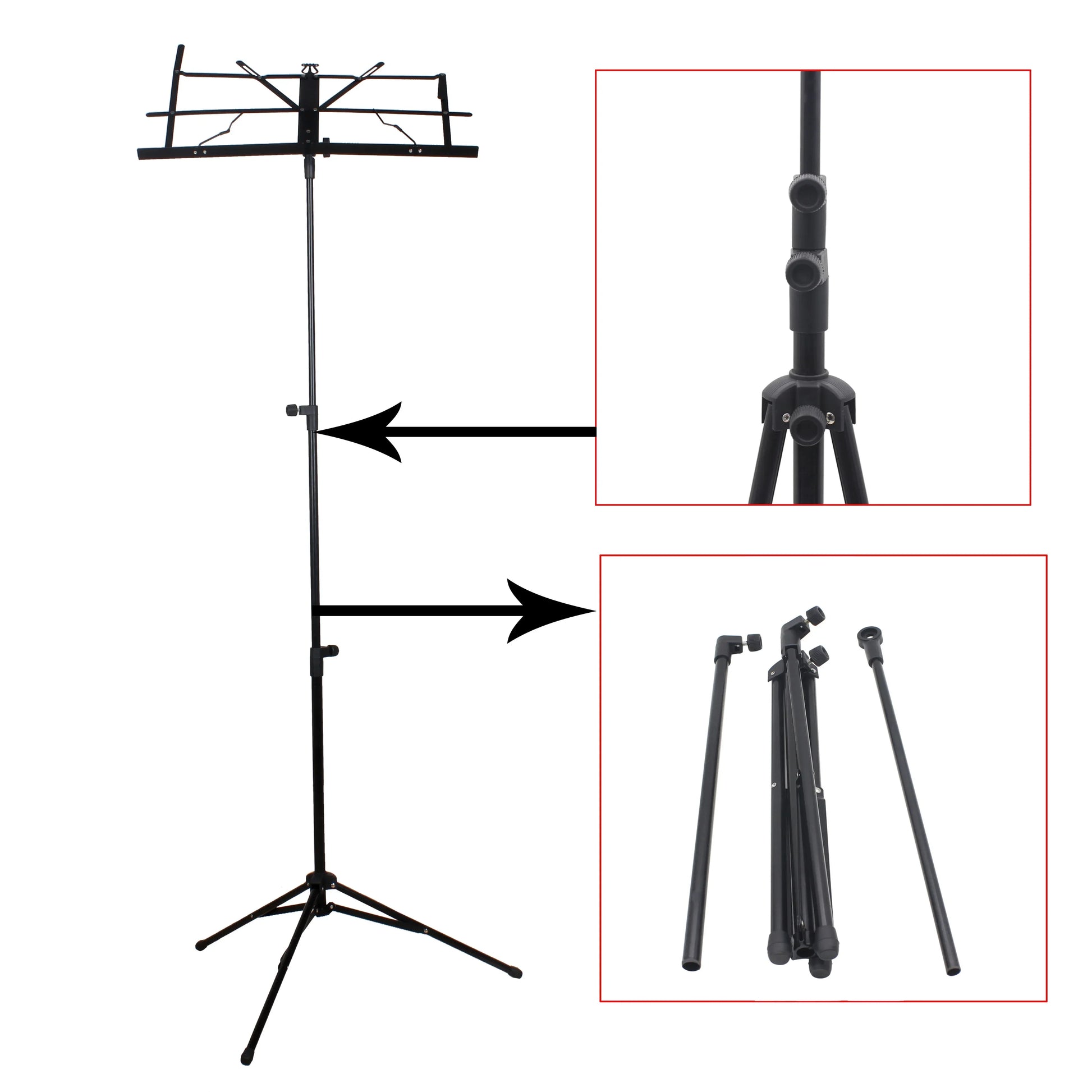 Black metal music sheet stand with foldable stainless steel tripod base and adjustable height for musical instruments