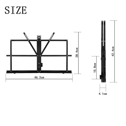 Black metal music sheet stand with adjustable height foldable stainless steel tripod design and carrying bag