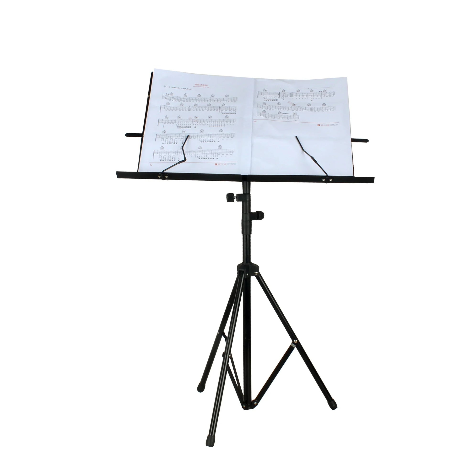 Black foldable stainless steel music sheet stand with adjustable height and flat wide platform holding open notation