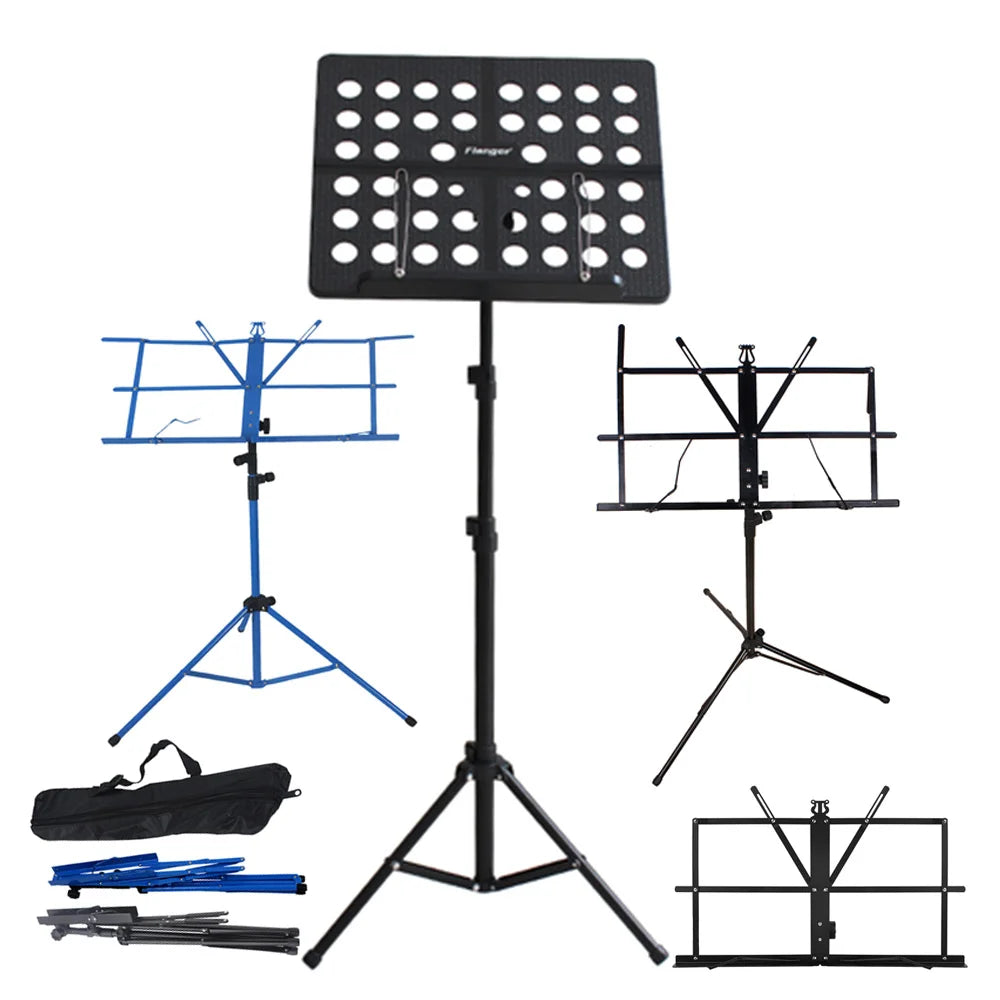 Black plastic music sheet stand with circular cutouts and flanger brand, foldable stainless steel tripod adjustable musical instrument accessory
